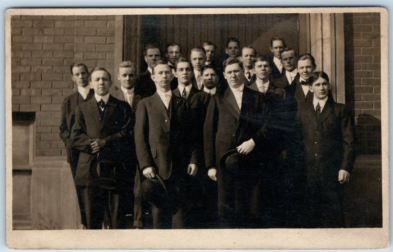 c1910s Outdoor Group Men RPPC Handsome Gentlemen Fraternity Classy Postcard A251