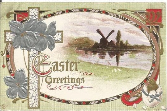 Windmill Reflected in Pond Easter Greetings Vintage Postcard Easter Greeting