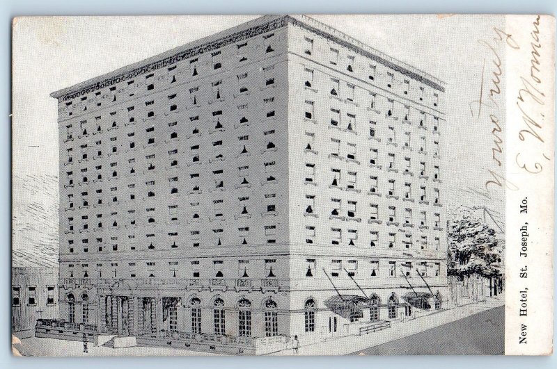 St. Joseph Missouri MO Postcard New Hotel Building Exterior Scene 1908 Antique