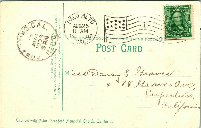 Vtg Postcard 1906 Stanford Memorial Church CA Int. Altar Pre-Earthquake RARE