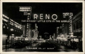 Reno Nevada NV Virginia Street Neon Signs Real Photo Vintage Postcard