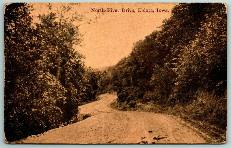 Eldora Iowa~Curvy Dirt Road: North River Drive (Now State Route 56?) c1910 Sepia 