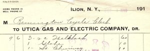 1910 ILION NY UTICA GAS AND ELECTRIC COMPANY REMINGTON CYCLE CLUB BILLHEAD Z4648