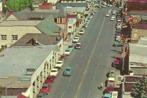 50s aerial view of Elkhorn Avenue, Estes Park, Colorado, Chrome