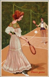 Man Woman Playing Tennis 'Deuce Game' Elegant Classy Sad 9333 Postcard G56