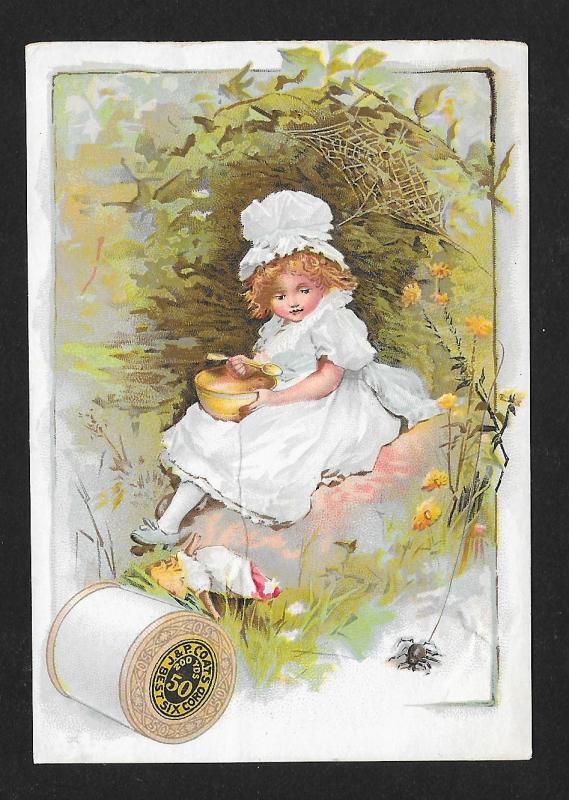 VICTORIAN TRADE CARD Coats' Thread Girl Eating Soup Spider