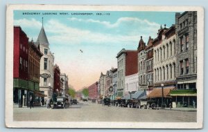 Postcard IN Logansport Broadway Looking West Vintage c1920s Street View P15
