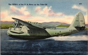 Linen Postcard The XPBS-1 of the U.S. Navy on the Take-off Seaplane Airplane