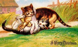 1870s-80s Adorable Cute Kittens Playing Christmas Embossed Victorian Card #4  F4