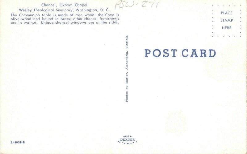 Chancel Oxnam Chapel Wesley Theological Seminary Washington DC Postcard Cross 