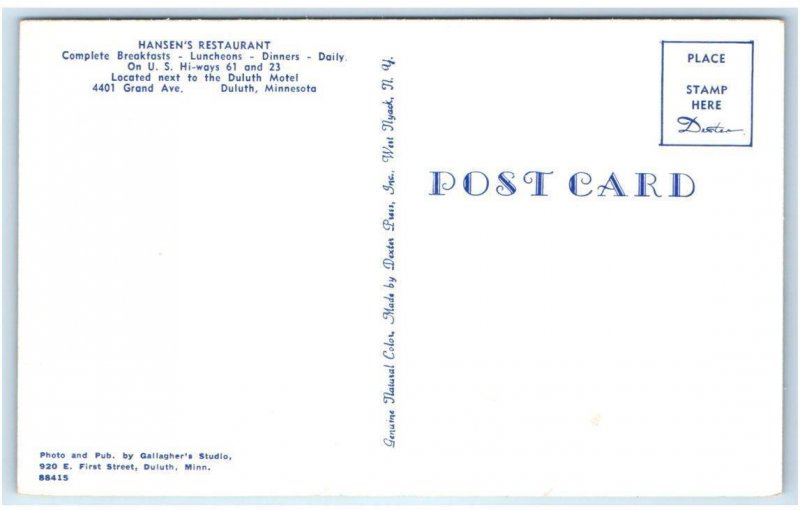 DULUTH, MN Minnesota ~ Roadside HANSEN'S RESTAURANT c1950s Postcard 