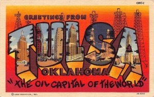 J81/ Tulsa Oklahoma Postcard c1940s Linen Large Letter Greetings  397