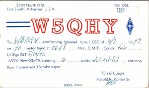 VINTAGE POSTCARD HAM RADIO CALLING CARD W5QHY FROM FORT SMITH ARKANSAS 1949