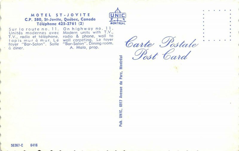 St. Jovite Quebec Canada 1960s Postcard Motel St Jovite