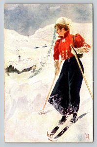 Antique 1907 Norwegian Skiing Postcard Mittet & Co. Woman Skier Winter Sport