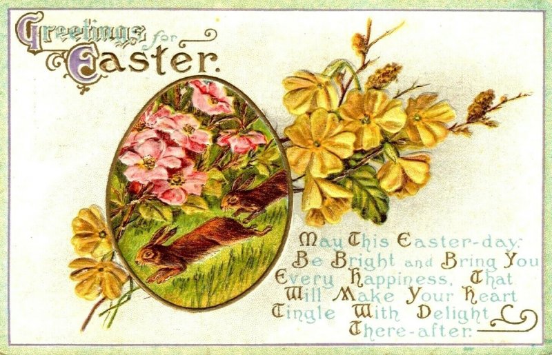 c1900s John Winsch Greetings Easter Postcard Embossed Rabbits Flowers A196