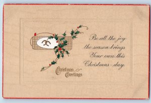Christmas Postcard Greetings Holly Berries Horseshoe Embossed c1910's Antique