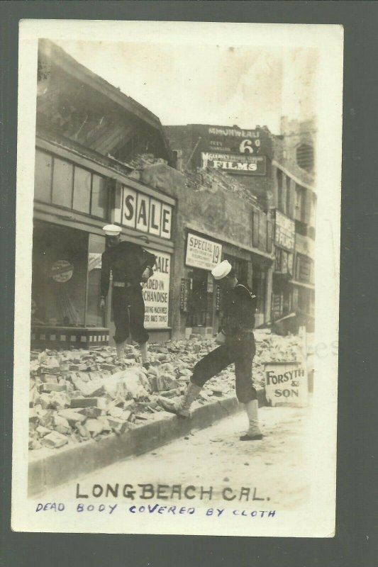 Long Beach CALIFORNIA RPPC 1933 EARTHQUAKE Ruins Stores DEAD BODY Sailors SAD!!