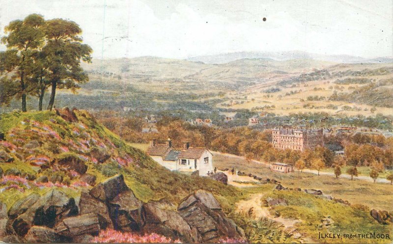 Art signed British Postcard Ilkey from the Moor landscape painting panorama