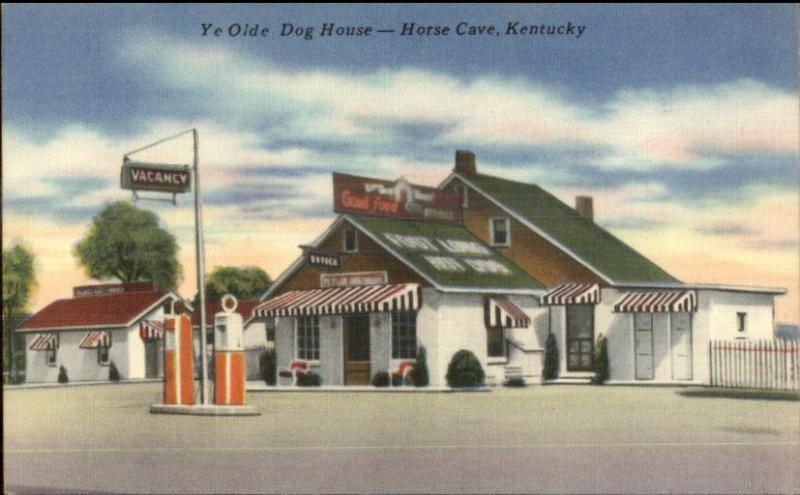 Horse Cave KY Gas Station Ye Olde Dog House Linen Roadside Postcard