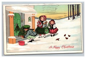 Vintage 1916 Christmas Postcard Children Visit Home Give Christmas Tree & Gifts