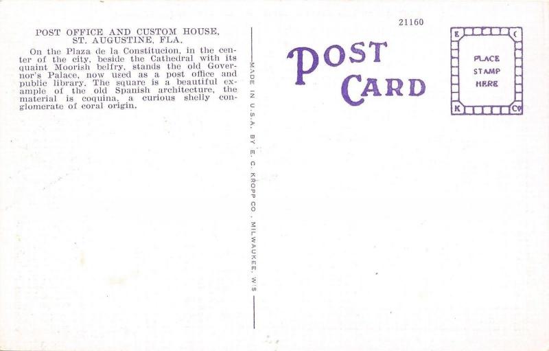 St Augustine Florida~Post Office~Custom House~1940s Linen Postcard