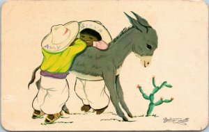 postcard Mexico - artist signed Luis Betanzos, Children with Donkey