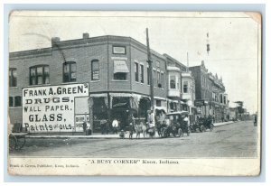 1913 A Busy Corner Knox IN, Frank Green Drugs Wall Paper Glass Plaints Postcard