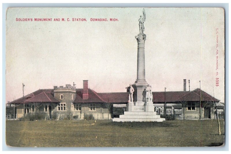 1911 Soldier's Monument And M.C. Station Dowagiac Michigan MI Antique Postcard