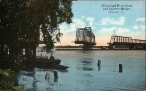 Quincy Illinois IL Mississippi River Scene Railway Bridge c1910 Vintage Postcard