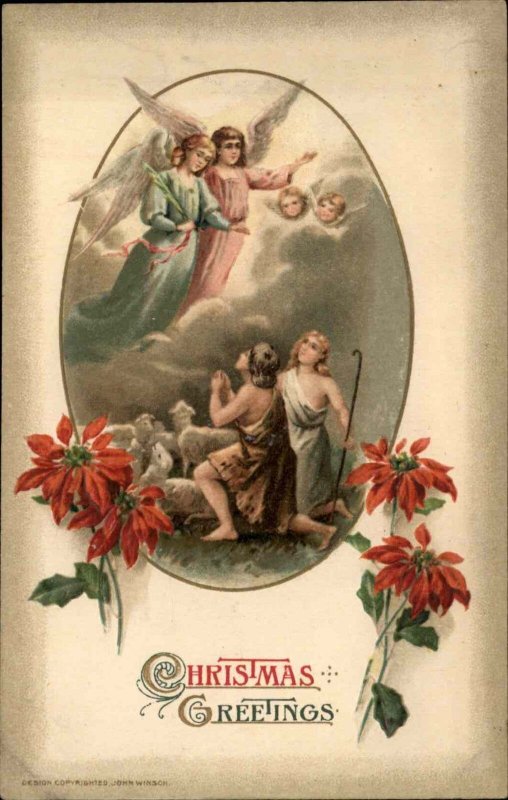 Winsch Christmas Shepherds See Angels in Pasture c1910 Vintage Postcard