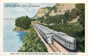 Vista Twin Dome Zephyr Postcard. Burlington Trains Between Chicago & St Paul