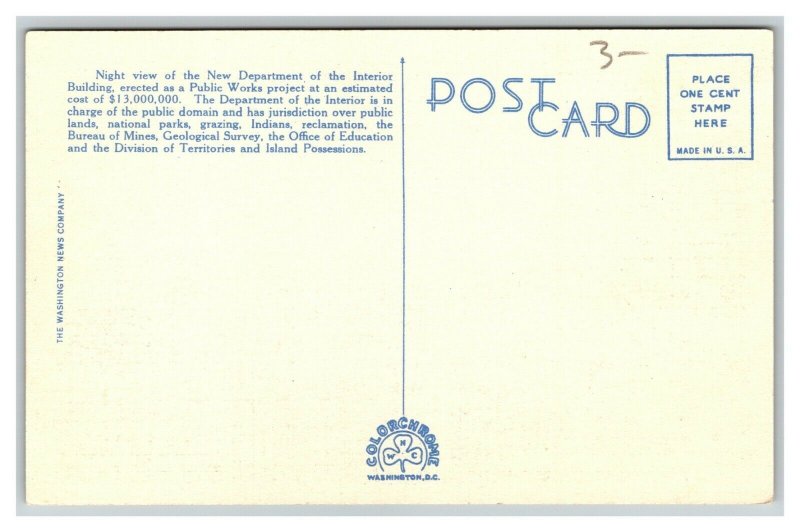 Vintage 1940's Postcard Department of the Interior Building Washington DC
