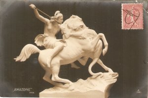 Amazone on a horsefighting lion   Fine sculpture old vintage French PC