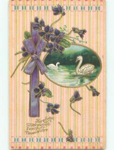 Unused Pre-Linen foreign BEAUTIFUL SWAN BIRDS ON WATER WITH PURPLE RIBBON k8400