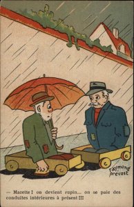 Legless Handicapped Disabled Men in Wagon Raining Umbrella c1915 Postcard