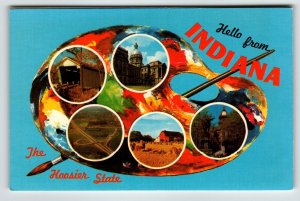 Postcard Greetings From Indiana Chrome Paint Pallet Paintbrush The Hoosier State