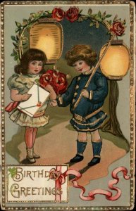 Birthday Children & Chinese Japanese Lanterns GEL COATING c1910 Postcard