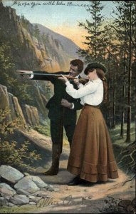 Man Teaching Woman to Shoot Gun Rifle EL Sedries 935 c1910 Postcard