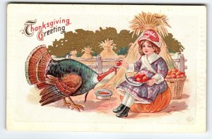 Thanksgiving Postcard Country Girl Seated On Pumpkin Feeds Turkey Fruit Vintage