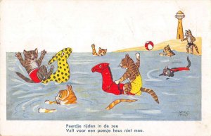 Dressed Cats Swimming in Ocean Toy Horses Vintage Postcard AA49992