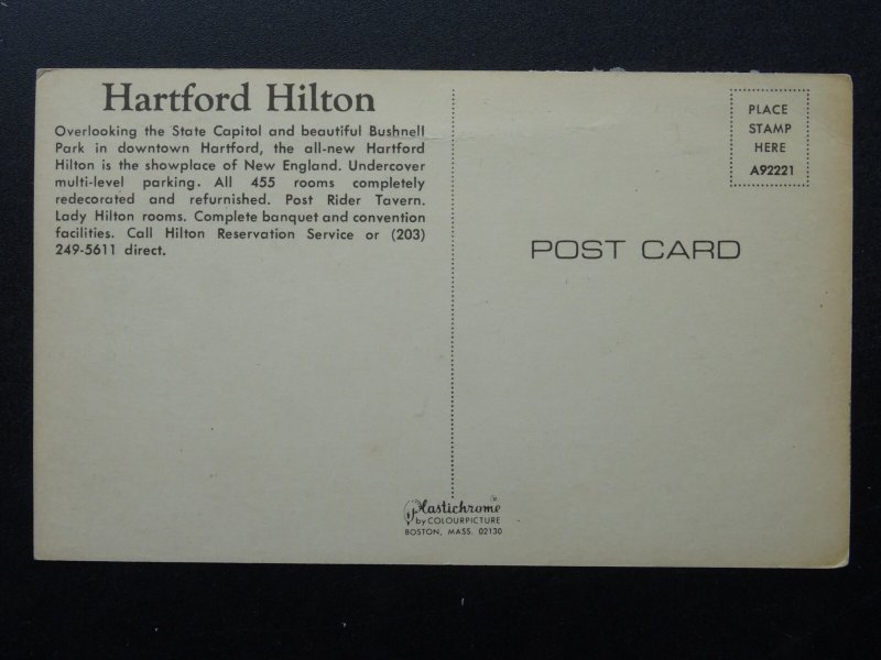 USA New England Connecticut HARTFORD HILTON HOTEL Bushnell Park c1970s Postcard