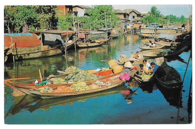 Thailand Bangkok The Floating Market Boats Vintage Postcard