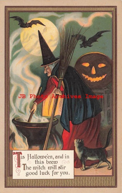 4 Postcards Halloween Set, Unknown No UP07, Witches, Cats, Bats, Playing Cards