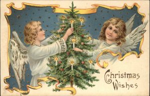 Tuck Christmas Little Girl Angels Decorate Tree c1910 Vintage Postcard