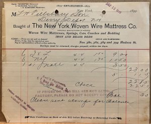 1899 Invoice The New York Woven Wire Mattress Co New York NY Springs Cots Couch