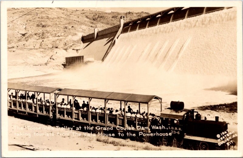 Real Photo Postcard The Toonerville Trolley at the Grand Coulee Dam, Washington