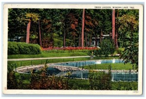 1929 Swan Lagoon Bridge Trees Exterior Winona Lake Indiana IN Vintage Postcard