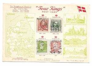 Denmark unused Four Kings c.1948 Postcard with Scott 65, 72, 281 & 307 affixed