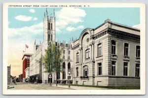 Syracuse New York~Jefferson Street @ Courthouse Circle~Church~1920s Postcard